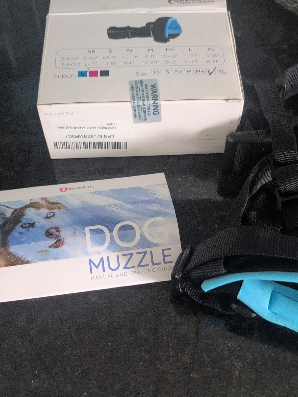 Dog Muzzle Harness - Black with Blue Trim